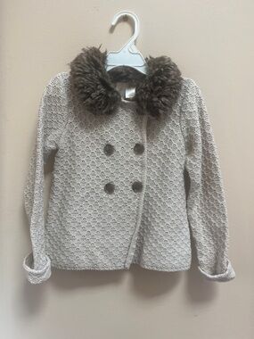 Textured Knit Double-Breasted coat with Faux Fur Collar Cream & Brown 6 buttons